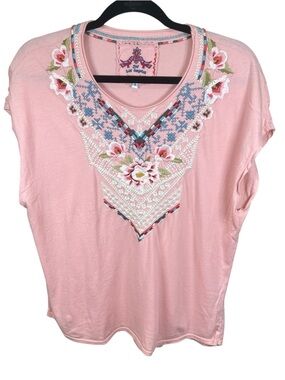 Johnny Was Embroidered Floral Boho Top Pink V- Neck Short Sleeve Relaxed S
